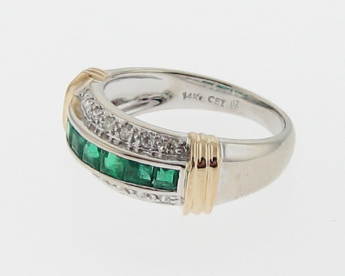 Natural Emeralds Diamonds Solid 14k Two Tone Gold Band  