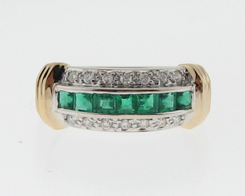 Natural Emeralds Diamonds Solid 14k Two Tone Gold Band  