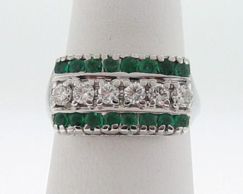 Natural Emeralds Diamonds Solid 14k White Gold Band  