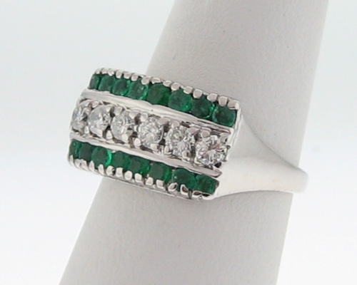 Natural Emeralds Diamonds Solid 14k White Gold Band  