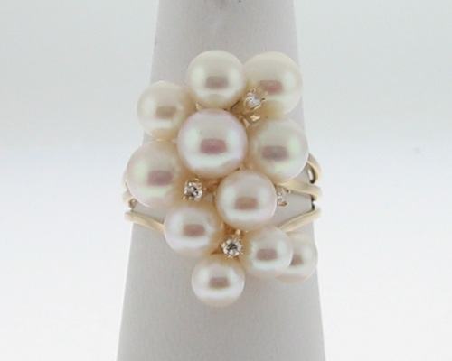 Estate Cultured Pearls Genuine Diamonds 14k Gold Ring  