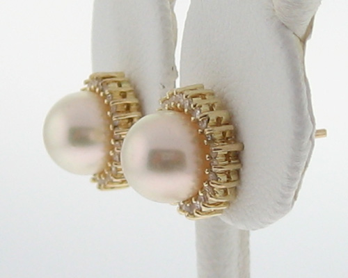 Estate Cultured Pearls Diamonds Solid 14k Gold Earrings  