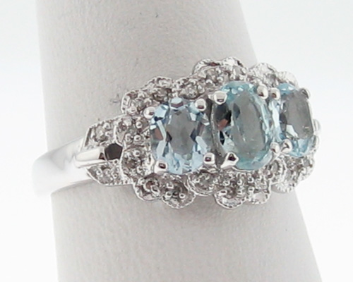 Natural Aquamarines Diamonds Solid 14k White Gold Ring  