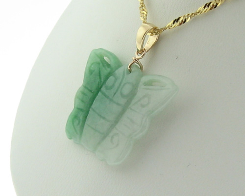 Estate Carved Jade Butterfly Solid 18K Gold Pendant Charm