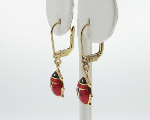 Solid 14k Yellow Gold Enamel Ladybug Dangle Earrings  